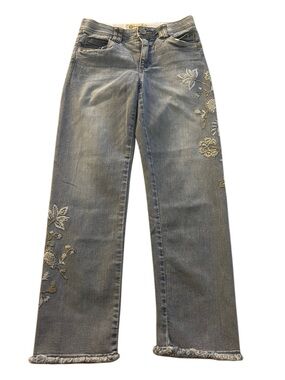 Democracy AB Technology Jeans size 4 Boho Style Floral Embroidery Fringe Hem
